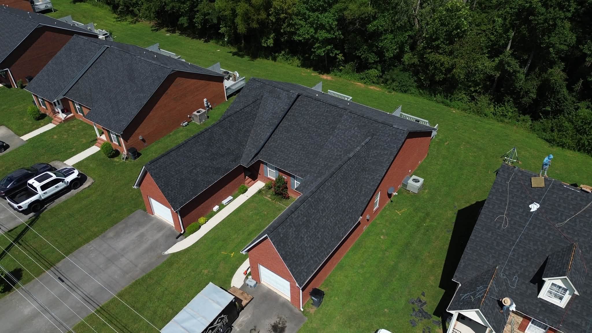 A red house with a new roof