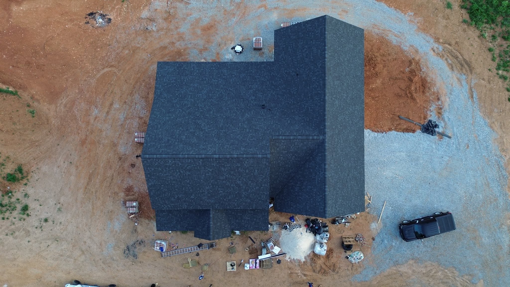 A red house with a new roof
